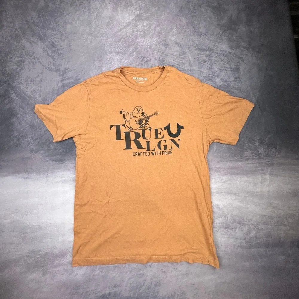 True Religion Buddha Graphic Tee Mustard Yellow Mens Medium Y2K Streetwear Shirt